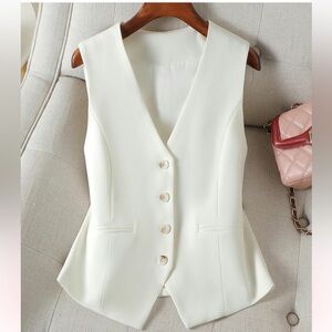 Women's Solid Button Front Vintage Vest Blazer, Elegant V Neck Pocket Suit Vest